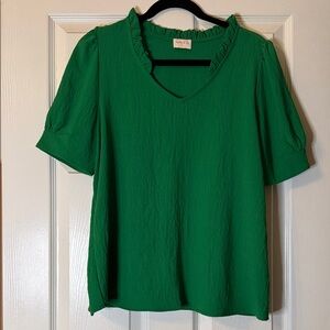 Elegant Green Ruffle V-Neck Blouse